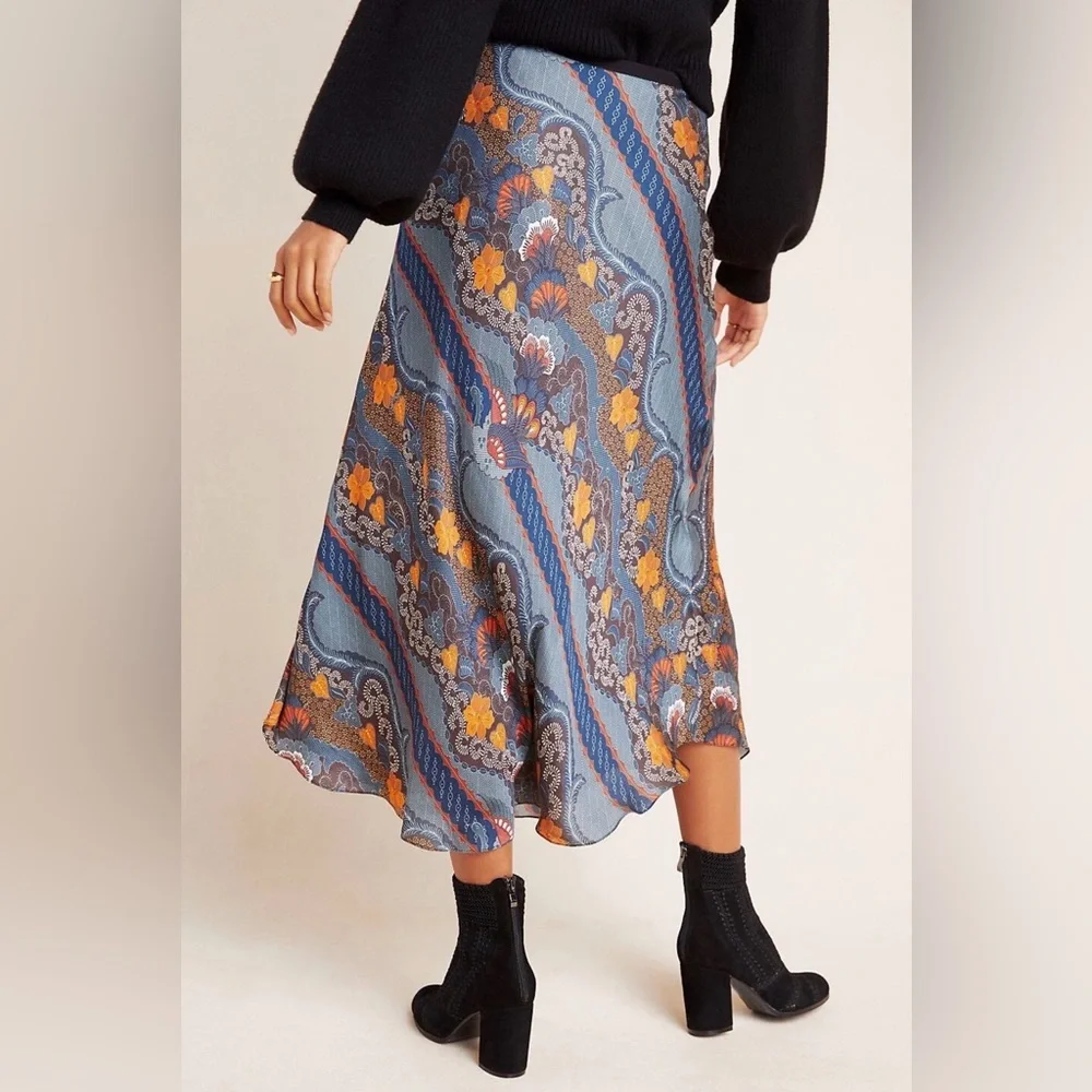 Anthropologie Tanvi Kedia Sandrine Bias Midi Skirt Size‎ 0 Blue Orange